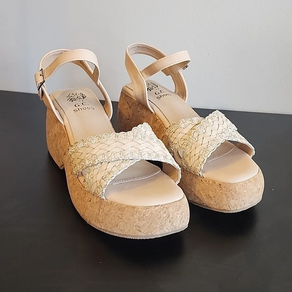 G.C. Cream Wedge Platform Shoes with Braided Straps